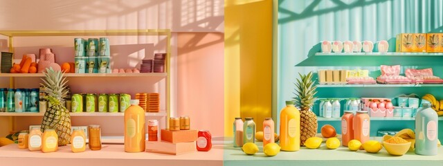 Colorful product display with tropical fruits in a bright studio