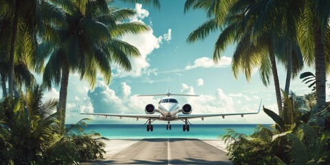 Fototapeta premium Private jet landing on tropical runway.