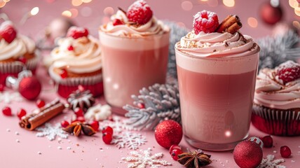 A lively and energetic pattern of hot pink festive drinks like hot cocoa and cocktails, along with holiday treats like cupcakes and cookies
