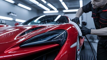 Professional Auto Detailing: Polishing a Red Sports Car in a Modern Garage