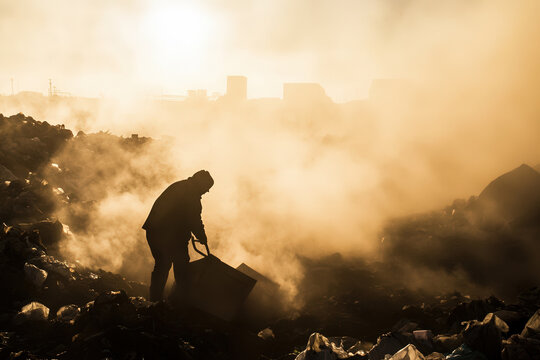 Worker at a landfill site in a cloud of dust during sunrise.