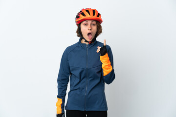 Young English cyclist woman isolated on white background intending to realizes the solution while lifting a finger up