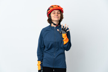 Young English cyclist woman isolated on white background counting five with fingers