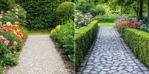 Two paths in a garden, one gravel, one stone.