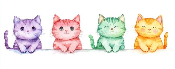 Whimsical Watercolor Multi Colored Cats - Hand Painted Cartoon Illustration on White Background