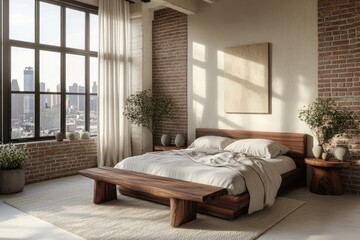 Fototapeta premium Minimalist bedroom with a wooden bed, white walls, and a brown rug