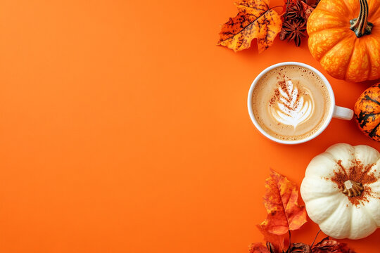 pumpkin latte on autumn orange background	