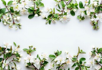 Fototapeta premium Delicate white cherry blossoms with green leaves arranged on a light background