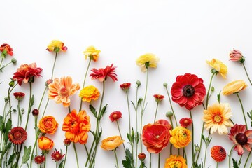 Fresh and vibrant flowers in various colors arranged on a white background, ideal for decorating or as a symbol