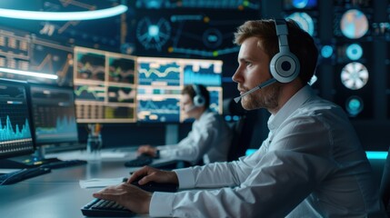 Fototapeta premium a man in a white shirt and headset, seated and interacting with multiple computer screens displaying complex data, graphs, and charts in a modern.