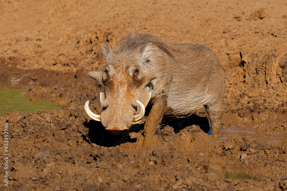 Poster A warthog (Phacochoerus africanus) in a muddy waterhole, Mokala National Park, South Africa.