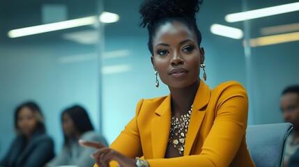 A dynamic Black businesswoman with realistic hand movements as she facilitates a brainstorming session with her team in a sleek, modern office boardroom