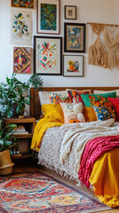 A bohemian haven: Vibrant patterns and textures create a cozy retreat in this eclectic bedroom, where art and nature intertwine.