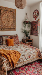 A bohemian bedroom with vibrant textiles and a cozy, eclectic vibe.