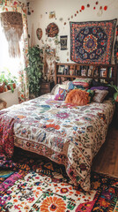 A Bohemian Oasis:  Eclectic Decor and Patterns Create a Serene Bedroom Sanctuary.