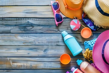 Summer beach essentials arranged on a wooden surface, including hats, sunglasses, and sunscreen products Bright and colorful items create a cheerful atmosphere