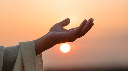 Beautiful Sunset Sky with Jesus Christ's Hands in Focus - Inspirational and Spiritual Close-Up from the Bible