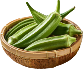 Fresh okra pods arranged in a bamboo basket, ready for cooking or adding to a healthy dish. A vibrant green vegetable.