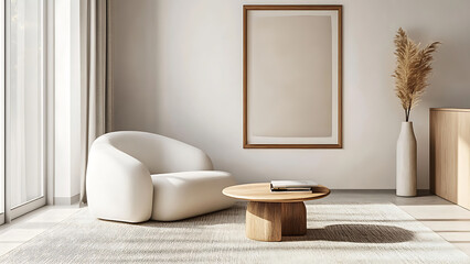 Interior design of modern living room with accent white armchair and frame on wall,White sofa and accent coffee table against arch wall,japandi interior design of modern living room, Minimalist, Ai