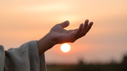 Beautiful Sunset Sky with Jesus Christ's Hands in Focus - Inspirational and Spiritual Close-Up from the Bible