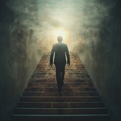 Obraz premium A silhouette of a man ascending dimly lit stairs toward a bright light in a mysterious atmosphere