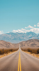 Fototapeta premium A Long, Winding Road: An empty highway stretches towards the horizon in the heart of a vast, desert landscape.