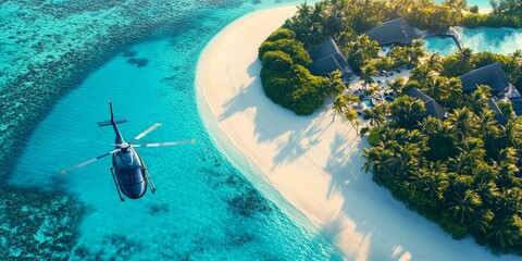 Helicopter flying over tropical island with beach.