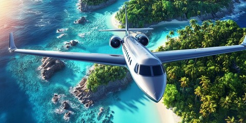 Fototapeta premium Private jet flying over tropical island.