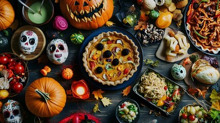 A Halloween-Themed Feast Showcasing Traditional and Modern Dishes from Different, Photorealistic and Vibrant, Celebrating Culinary Diversity and Inclusive Festive Traditions