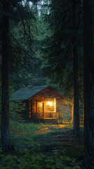 A Warm Glow in the Woods: A rustic cabin bathed in the soft light of its windows, a beacon of hope amidst the towering trees.
