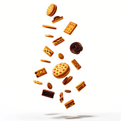 a high quality professional photo of a large pile of Flying Cake Crumbs, featuring an assortment of cake crumbs and cookie pieces soaring through the air in a mesmerizing display, 