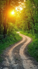 Obraz premium A Winding Path Through the Golden Forest, Bathed in the Warm Glow of a Setting Sun.