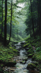 A Serene Stream Winds Through a Mist-Shrouded Forest, Its Waters Reflecting the Tranquility of the Wilderness.