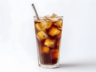 Refreshing Cold Brew Coffee with Metal Straw in Tall Glass on White Background