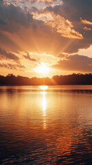 Fototapeta premium Golden Hour Magic: The Sun's Farewell Kiss on a Tranquil Lake