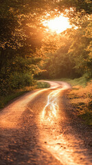 Naklejka premium A winding country road bathed in warm golden light, the sun setting behind a canopy of trees, a picturesque scene of tranquility and promise.