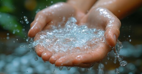 Close-Up of Hands Holding Fresh Water Splashing in the Air – Symbolizing Purity and Life Through Clean, Natural Water, High-Resolution Photography

