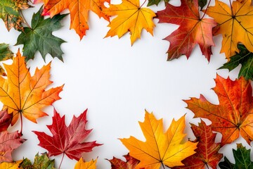 Fototapeta premium Autumn Maple Leaves Flat Lay White Background created with Generative AI