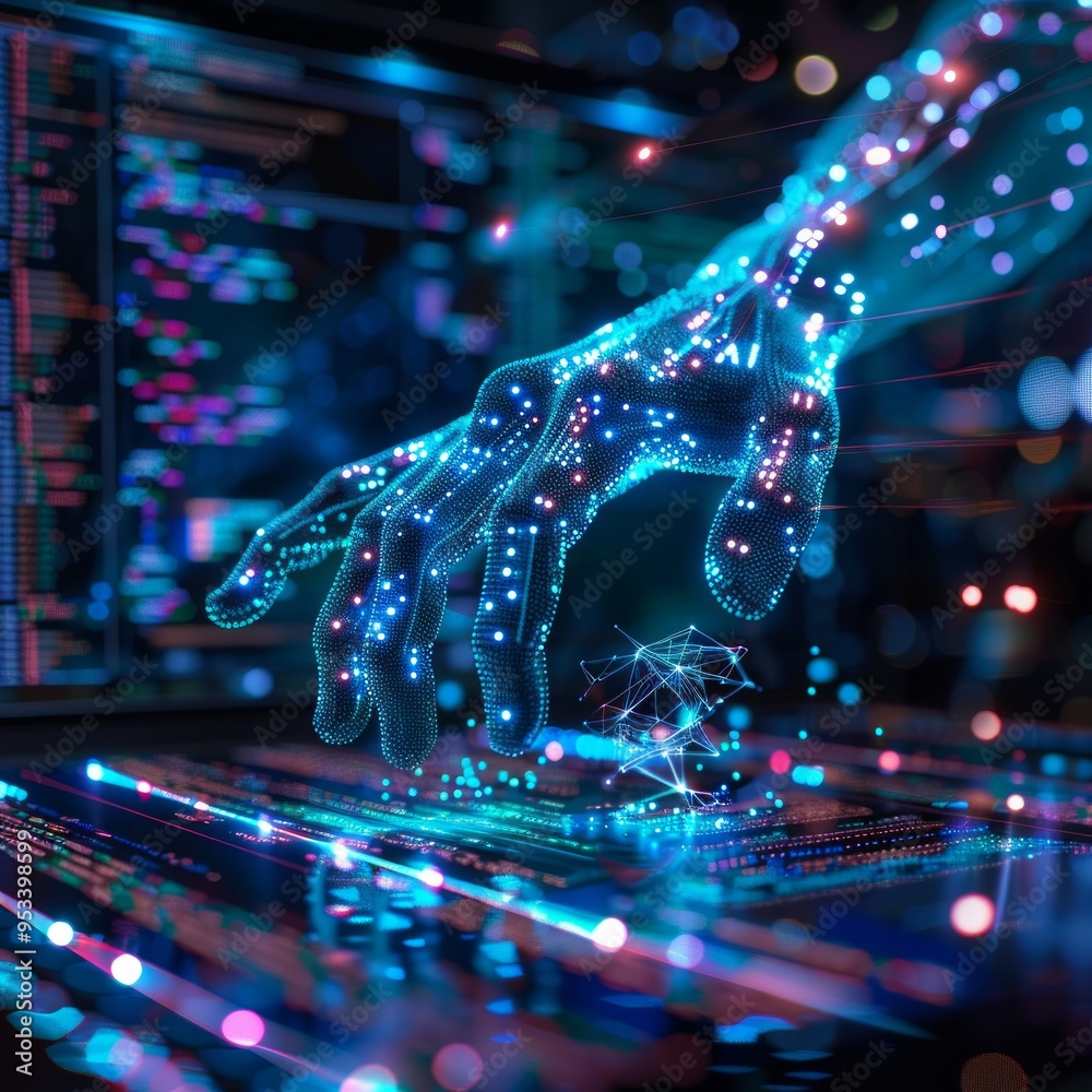 Poster a digital hand reaching towards a holographic interface in a futuristic setting showcasing advanced 