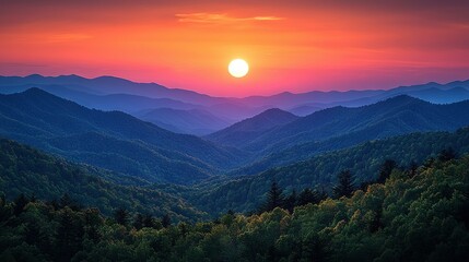 Fototapeta premium The sun is setting over the mountain range with trees in the foreground