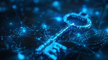 A digital key symbolizing cybersecurity and encryption amidst a network of glowing data connections