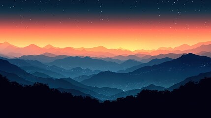 Obraz premium A serene sunset over a majestic mountain range with celestial bodies scattered across the sky, above and below