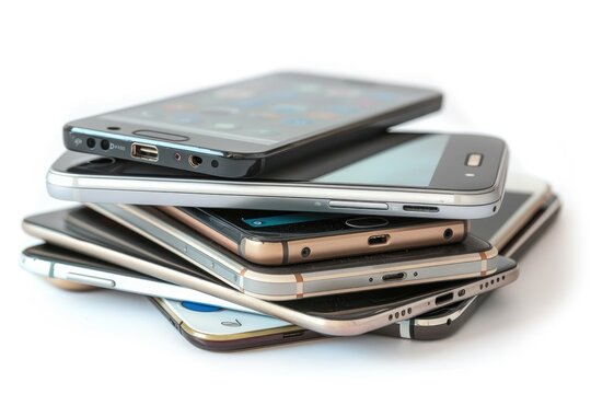 Stack of colorful old smartphones with visible wear and tear for repair concept