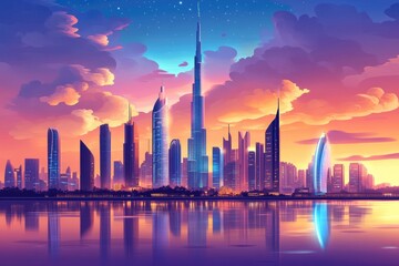 Obraz premium Burj khalifa and dubai skyline rising over tropical beach at sunset