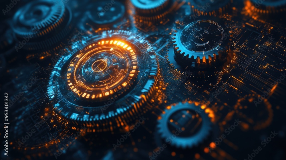 Poster gears working on circuit board forming modern mechanism