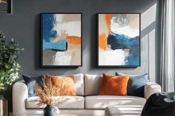 Modern abstract painting set of paintings, in beige tones with navy blue and orange accents