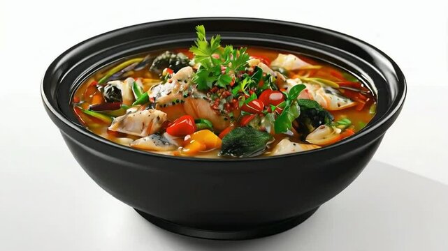 A steaming bowl of ukha fish soup, showcasing the rich broth with chunks of fish and vegetables, isolated on white background