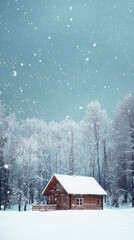 Naklejka premium A Cozy Cabin Nestled in a Winter Wonderland, Snow Falling Gently, Tranquility and Peace Abound.