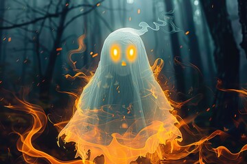 Spooky ghost floating in dark forest halloween night