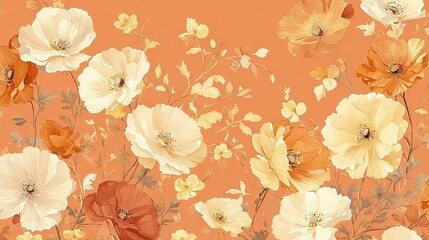   A vibrant arrangement of white and orange flowers against an orange backdrop, adorning a wall on one side